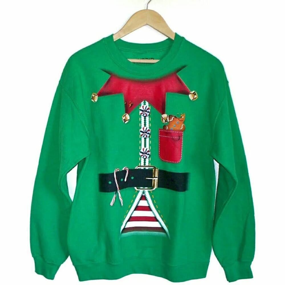 HYBRID elf Santas helper Christmas ugly green sweatshirt holiday toymaker Size M